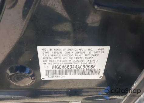 2004 Honda Accord 3.0 Lx из США, поврежденный, VIN 1HGCM66344A090986